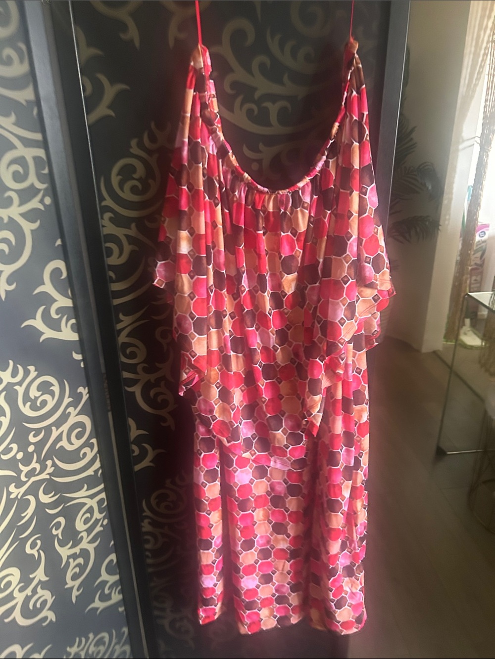Thalia Sodi One-Shoulder Pink and Orange Geometric Slip Dress
